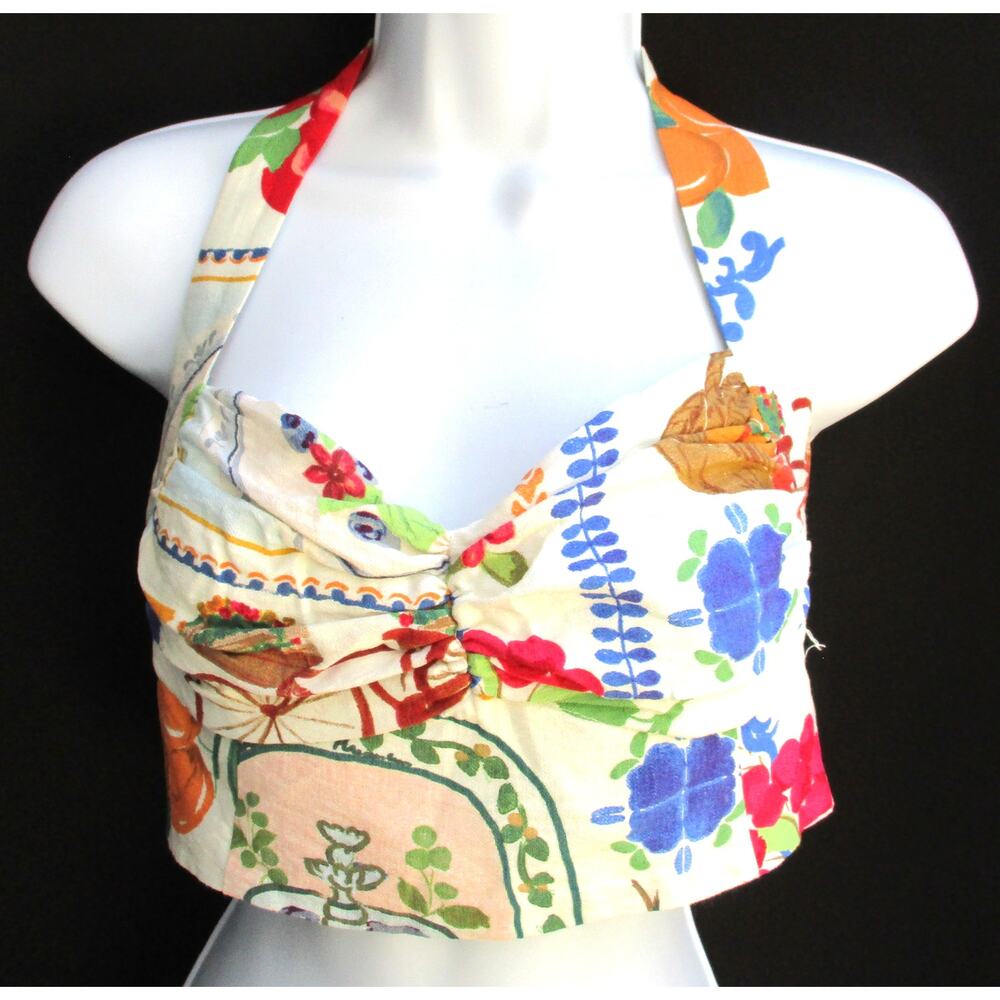 New ZARA Multicolor Novelty Summer Print Crop Halter Top Size M